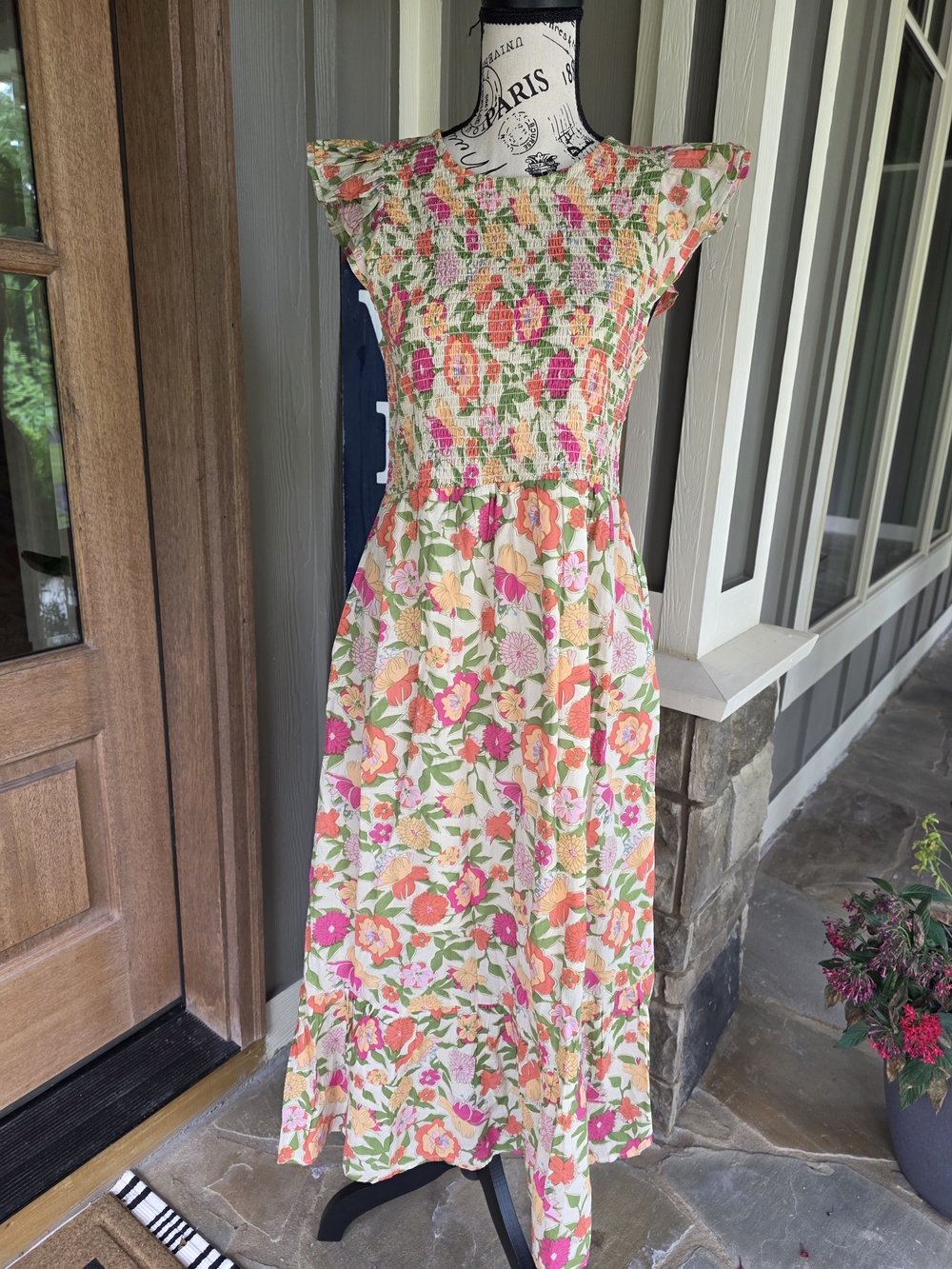 THML Floral Smocked Maxi Dress - Pink & Orange on Cream-NWT